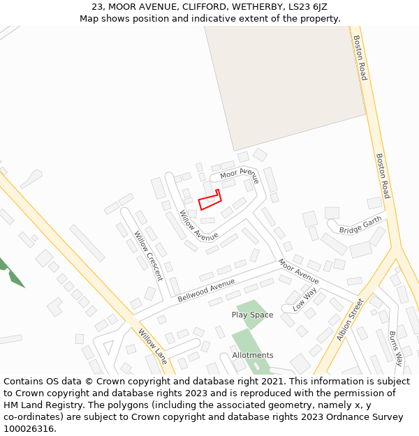 23, MOOR AVENUE, CLIFFORD, WETHERBY, LS23 6JZ: Location map and indicative extent of plot