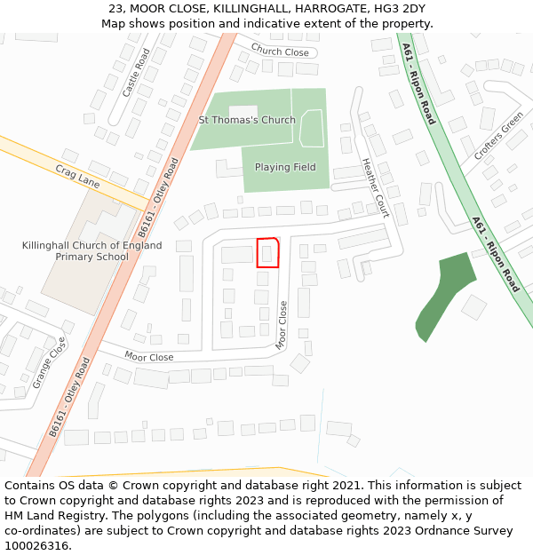 23, MOOR CLOSE, KILLINGHALL, HARROGATE, HG3 2DY: Location map and indicative extent of plot