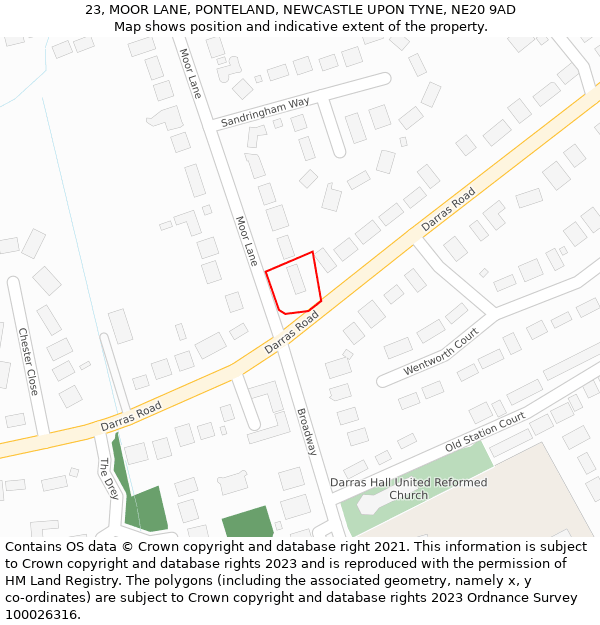 23, MOOR LANE, PONTELAND, NEWCASTLE UPON TYNE, NE20 9AD: Location map and indicative extent of plot