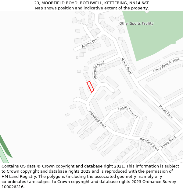 23, MOORFIELD ROAD, ROTHWELL, KETTERING, NN14 6AT: Location map and indicative extent of plot
