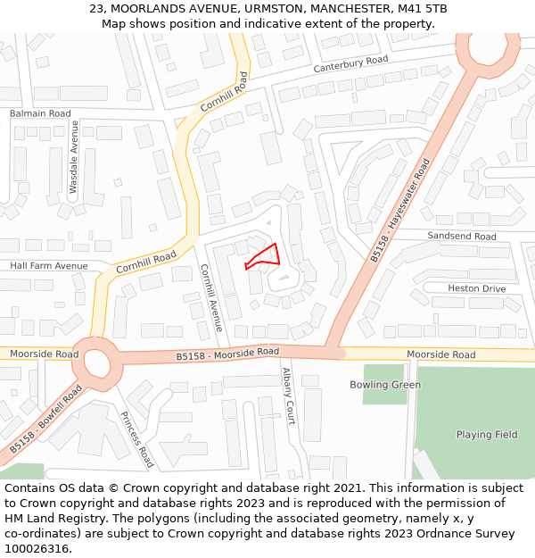 23, MOORLANDS AVENUE, URMSTON, MANCHESTER, M41 5TB: Location map and indicative extent of plot