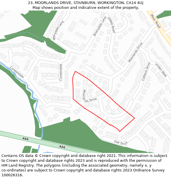 23, MOORLANDS DRIVE, STAINBURN, WORKINGTON, CA14 4UJ: Location map and indicative extent of plot