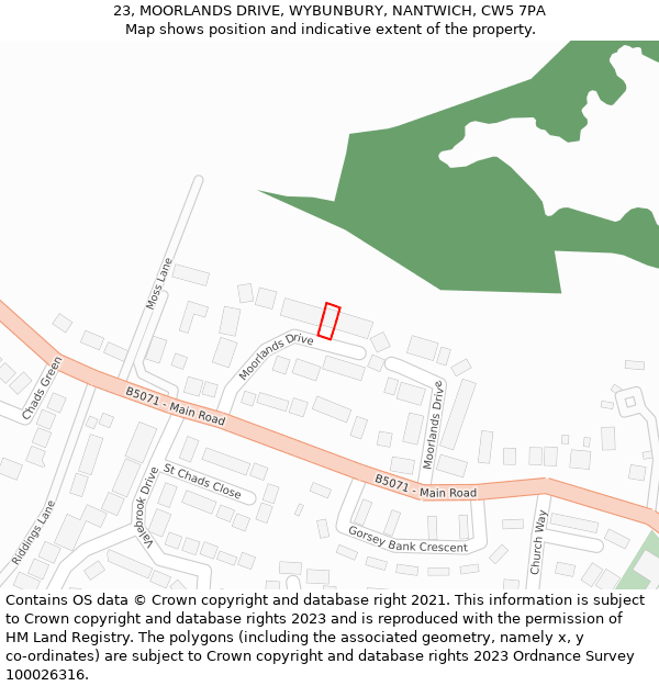 23, MOORLANDS DRIVE, WYBUNBURY, NANTWICH, CW5 7PA: Location map and indicative extent of plot