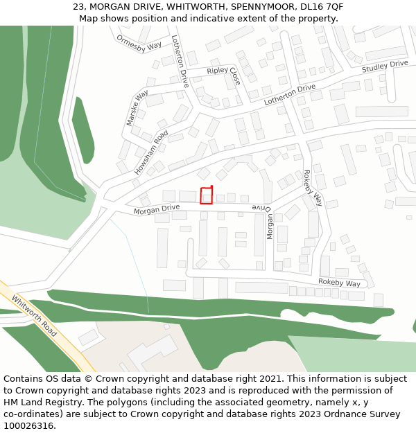 23, MORGAN DRIVE, WHITWORTH, SPENNYMOOR, DL16 7QF: Location map and indicative extent of plot