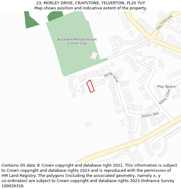 23, MORLEY DRIVE, CRAPSTONE, YELVERTON, PL20 7UY: Location map and indicative extent of plot