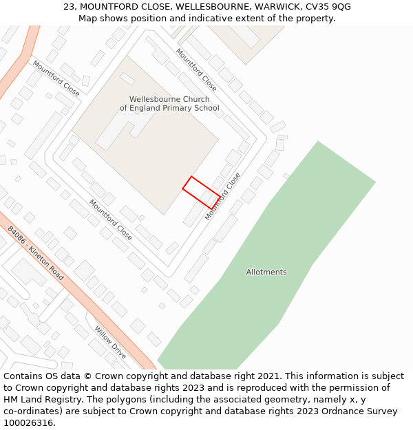 23, MOUNTFORD CLOSE, WELLESBOURNE, WARWICK, CV35 9QG: Location map and indicative extent of plot