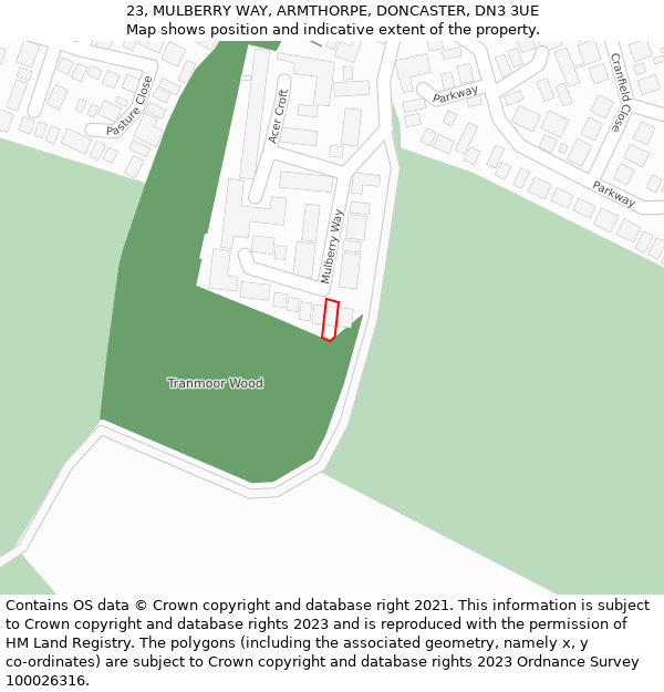 23, MULBERRY WAY, ARMTHORPE, DONCASTER, DN3 3UE: Location map and indicative extent of plot