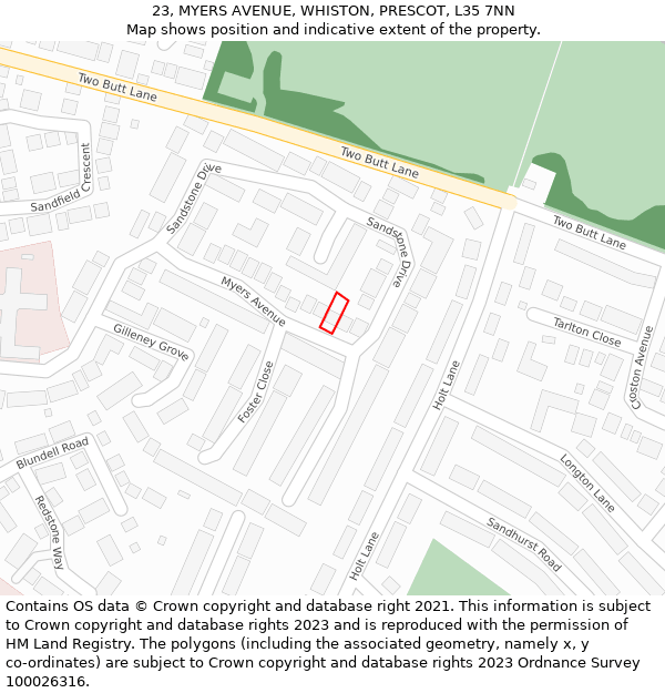 23, MYERS AVENUE, WHISTON, PRESCOT, L35 7NN: Location map and indicative extent of plot