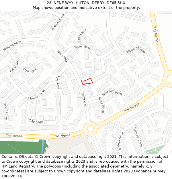 23, NENE WAY, HILTON, DERBY, DE65 5HX: Location map and indicative extent of plot