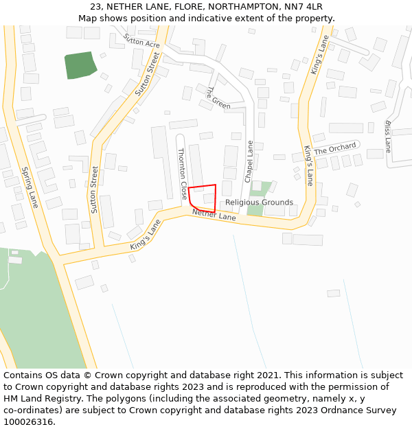 23, NETHER LANE, FLORE, NORTHAMPTON, NN7 4LR: Location map and indicative extent of plot