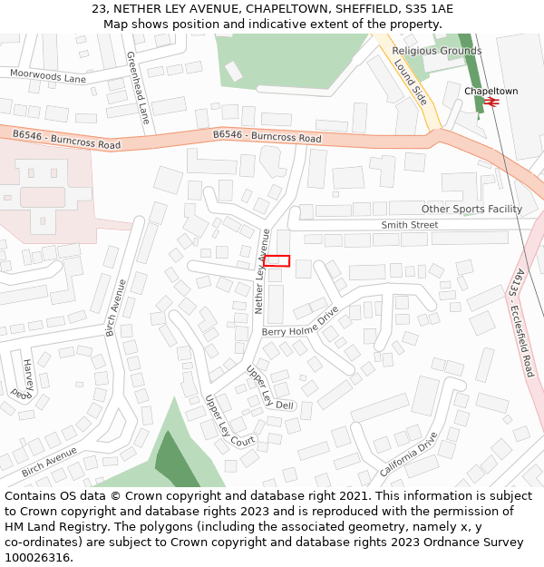 23, NETHER LEY AVENUE, CHAPELTOWN, SHEFFIELD, S35 1AE: Location map and indicative extent of plot