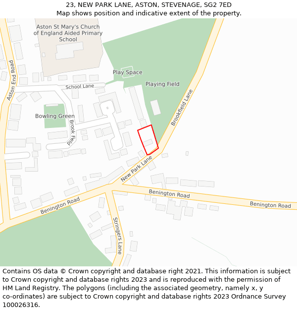 23, NEW PARK LANE, ASTON, STEVENAGE, SG2 7ED: Location map and indicative extent of plot