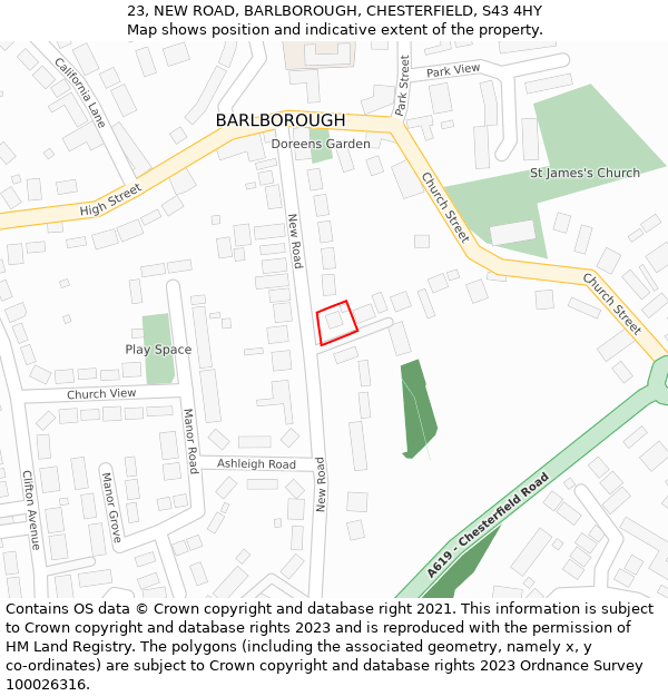 23, NEW ROAD, BARLBOROUGH, CHESTERFIELD, S43 4HY: Location map and indicative extent of plot