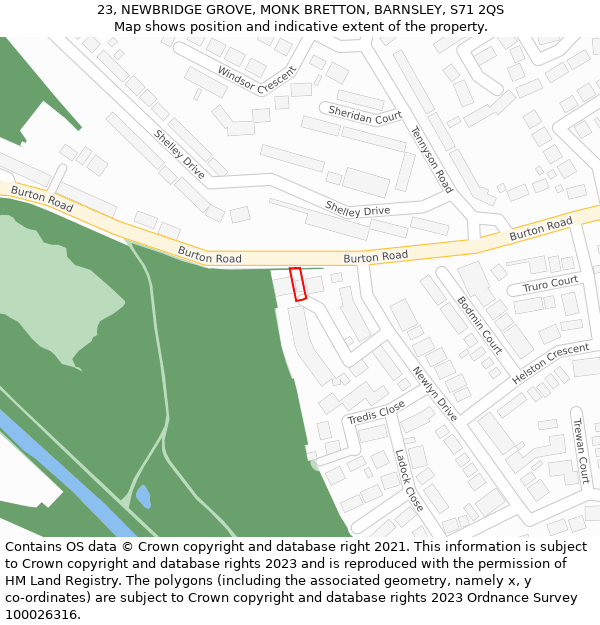 23, NEWBRIDGE GROVE, MONK BRETTON, BARNSLEY, S71 2QS: Location map and indicative extent of plot