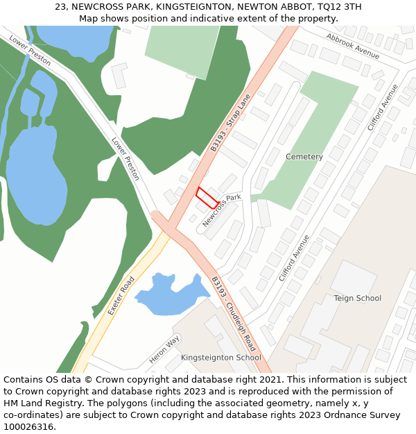 23, NEWCROSS PARK, KINGSTEIGNTON, NEWTON ABBOT, TQ12 3TH: Location map and indicative extent of plot