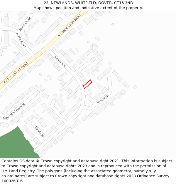 23, NEWLANDS, WHITFIELD, DOVER, CT16 3NB: Location map and indicative extent of plot