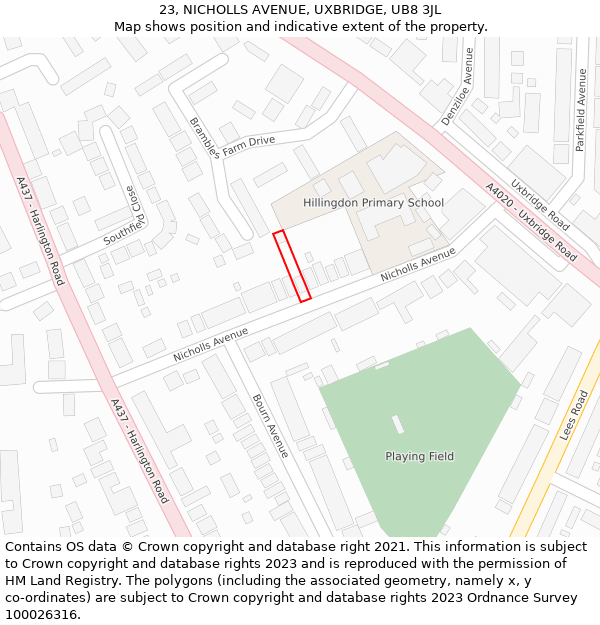 23, NICHOLLS AVENUE, UXBRIDGE, UB8 3JL: Location map and indicative extent of plot