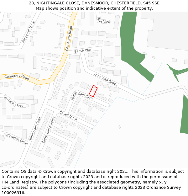 23, NIGHTINGALE CLOSE, DANESMOOR, CHESTERFIELD, S45 9SE: Location map and indicative extent of plot