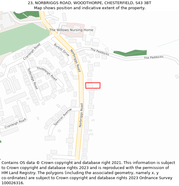 23, NORBRIGGS ROAD, WOODTHORPE, CHESTERFIELD, S43 3BT: Location map and indicative extent of plot