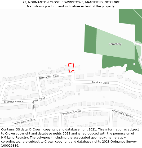 23, NORMANTON CLOSE, EDWINSTOWE, MANSFIELD, NG21 9PF: Location map and indicative extent of plot