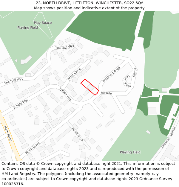 23, NORTH DRIVE, LITTLETON, WINCHESTER, SO22 6QA: Location map and indicative extent of plot