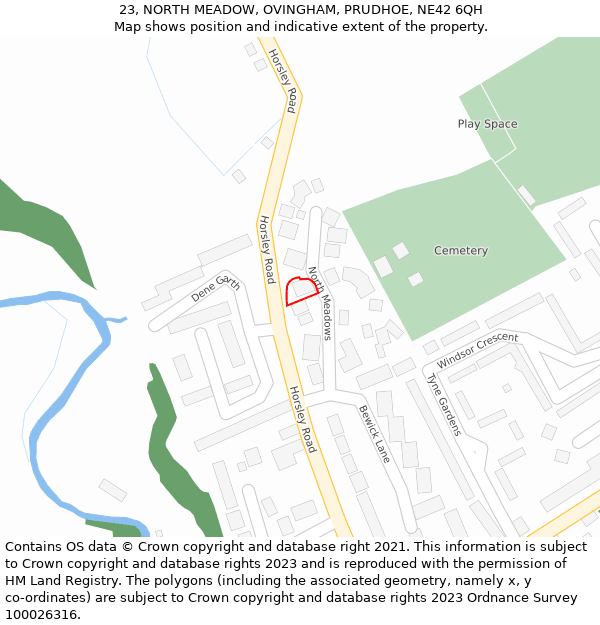 23, NORTH MEADOW, OVINGHAM, PRUDHOE, NE42 6QH: Location map and indicative extent of plot