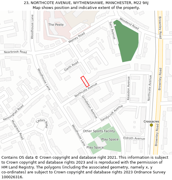 23, NORTHCOTE AVENUE, WYTHENSHAWE, MANCHESTER, M22 9AJ: Location map and indicative extent of plot