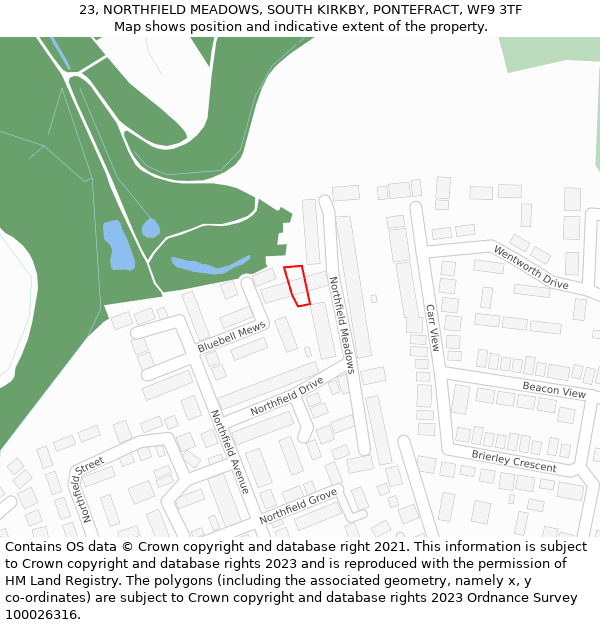 23, NORTHFIELD MEADOWS, SOUTH KIRKBY, PONTEFRACT, WF9 3TF: Location map and indicative extent of plot