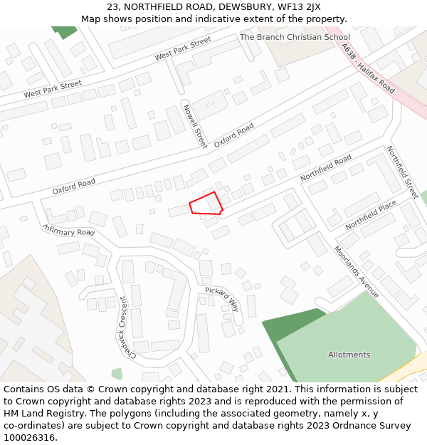 23, NORTHFIELD ROAD, DEWSBURY, WF13 2JX: Location map and indicative extent of plot