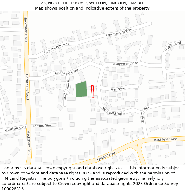 23, NORTHFIELD ROAD, WELTON, LINCOLN, LN2 3FF: Location map and indicative extent of plot