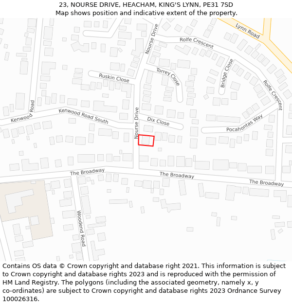 23, NOURSE DRIVE, HEACHAM, KING'S LYNN, PE31 7SD: Location map and indicative extent of plot