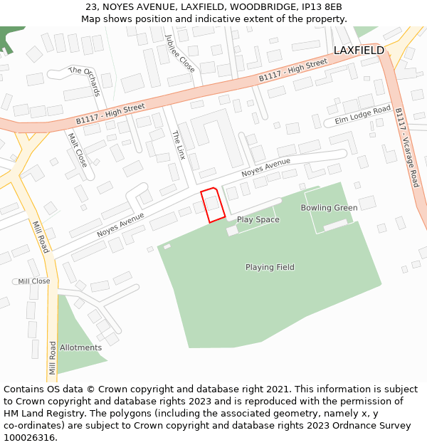 23, NOYES AVENUE, LAXFIELD, WOODBRIDGE, IP13 8EB: Location map and indicative extent of plot