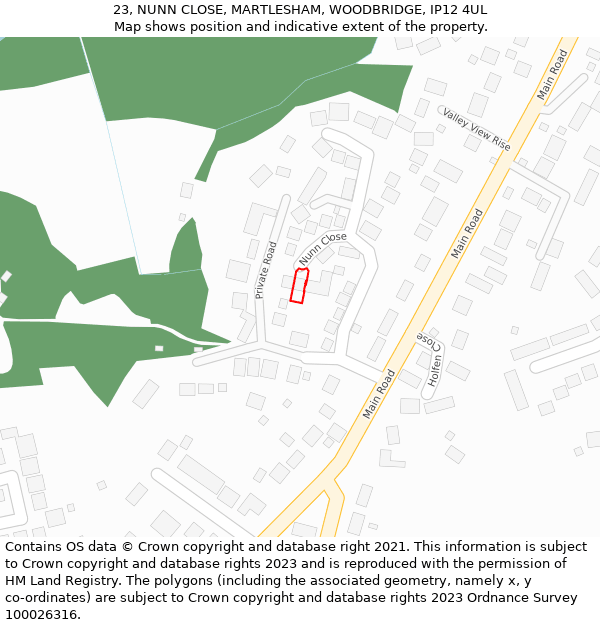 23, NUNN CLOSE, MARTLESHAM, WOODBRIDGE, IP12 4UL: Location map and indicative extent of plot