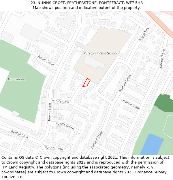 23, NUNNS CROFT, FEATHERSTONE, PONTEFRACT, WF7 5HS: Location map and indicative extent of plot