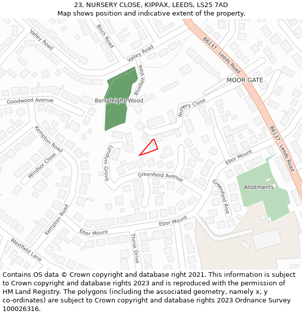 23, NURSERY CLOSE, KIPPAX, LEEDS, LS25 7AD: Location map and indicative extent of plot