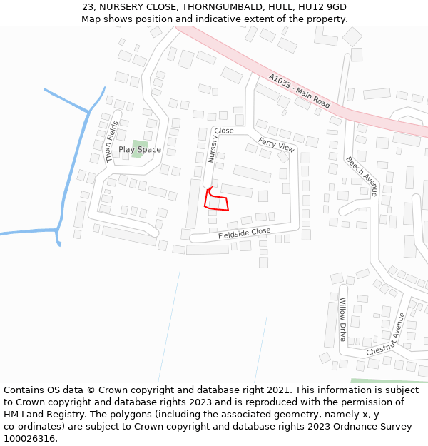 23, NURSERY CLOSE, THORNGUMBALD, HULL, HU12 9GD: Location map and indicative extent of plot