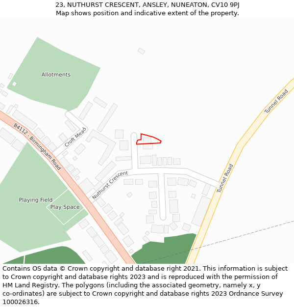 23, NUTHURST CRESCENT, ANSLEY, NUNEATON, CV10 9PJ: Location map and indicative extent of plot