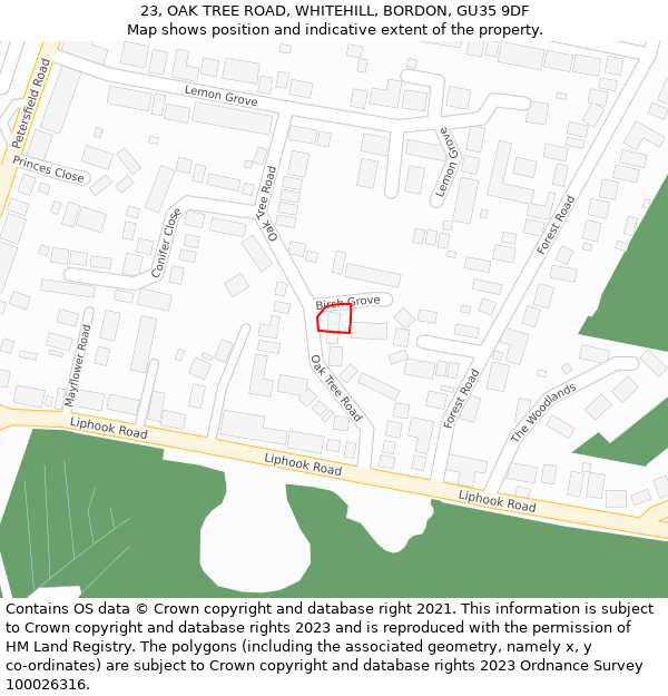 23, OAK TREE ROAD, WHITEHILL, BORDON, GU35 9DF: Location map and indicative extent of plot