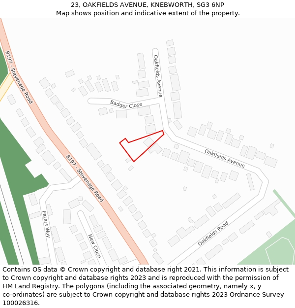 23, OAKFIELDS AVENUE, KNEBWORTH, SG3 6NP: Location map and indicative extent of plot