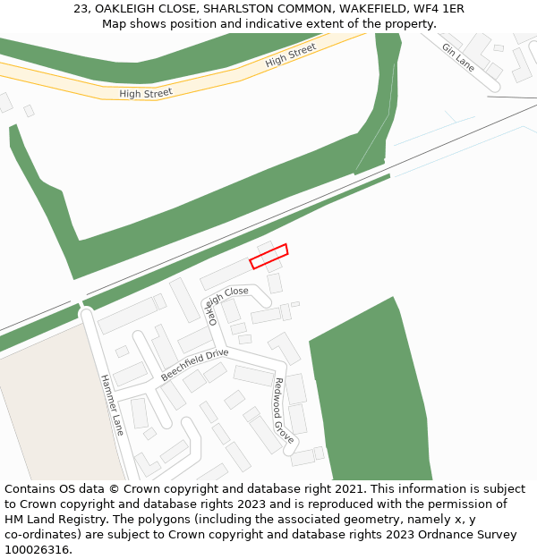 23, OAKLEIGH CLOSE, SHARLSTON COMMON, WAKEFIELD, WF4 1ER: Location map and indicative extent of plot