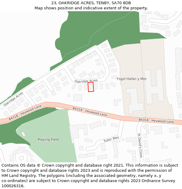 23, OAKRIDGE ACRES, TENBY, SA70 8DB: Location map and indicative extent of plot