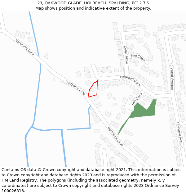 23, OAKWOOD GLADE, HOLBEACH, SPALDING, PE12 7JS: Location map and indicative extent of plot