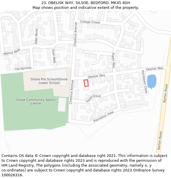 23, OBELISK WAY, SILSOE, BEDFORD, MK45 4GH: Location map and indicative extent of plot