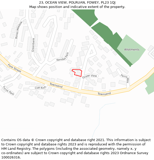 23, OCEAN VIEW, POLRUAN, FOWEY, PL23 1QJ: Location map and indicative extent of plot