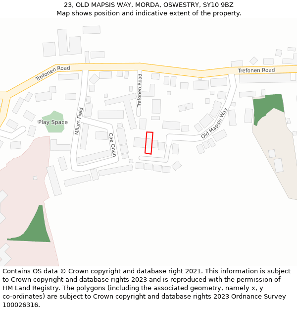 23, OLD MAPSIS WAY, MORDA, OSWESTRY, SY10 9BZ: Location map and indicative extent of plot