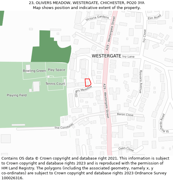 23, OLIVERS MEADOW, WESTERGATE, CHICHESTER, PO20 3YA: Location map and indicative extent of plot