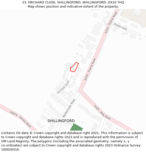 23, ORCHARD CLOSE, SHILLINGFORD, WALLINGFORD, OX10 7HQ: Location map and indicative extent of plot