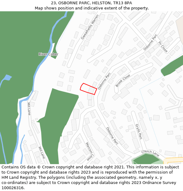 23, OSBORNE PARC, HELSTON, TR13 8PA: Location map and indicative extent of plot