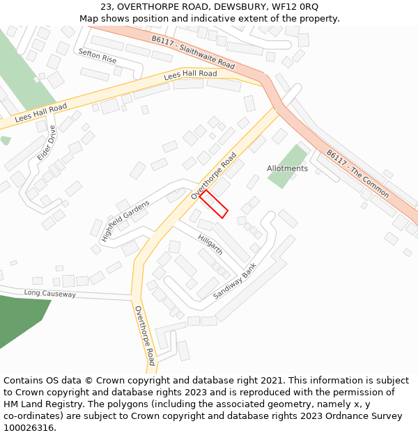 23, OVERTHORPE ROAD, DEWSBURY, WF12 0RQ: Location map and indicative extent of plot