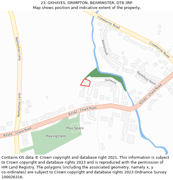 23, OXHAYES, DRIMPTON, BEAMINSTER, DT8 3RP: Location map and indicative extent of plot